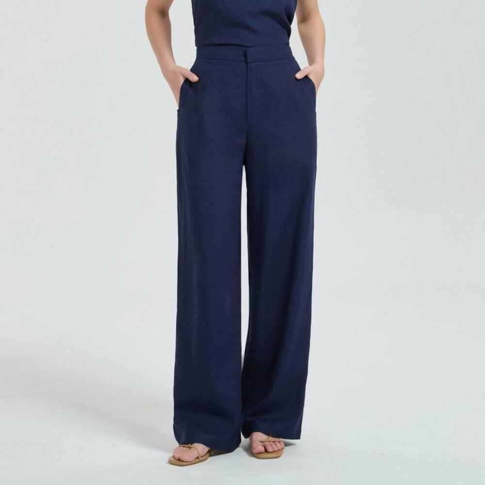 Women's High-Rise Linen Blend Clean-Front Trousers - A New Day Navy Blue S